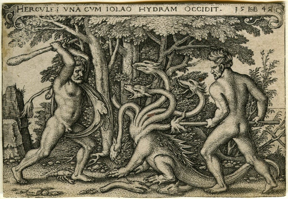 An engraving of Hercules slaying the Hydra, while his nephew cauterizes the necks