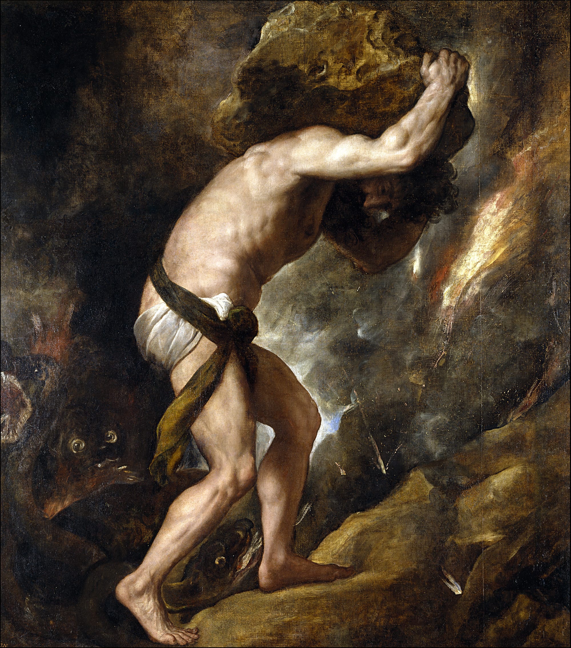 A painting by Titian of Sisyphus carrying his burden up the hill while a cat (or two?) look on behind him