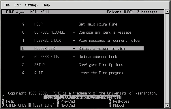 A screenshot of Pine, a text-based email client